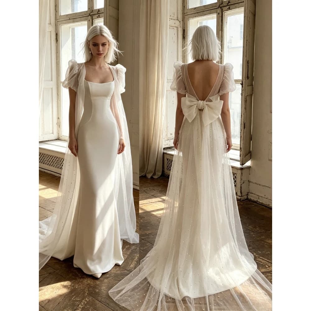 Robe de mariée sirène élégante et ajustée en satin luxueux à col carré personnalisé, manches bouffan