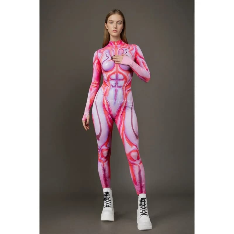 Combinaison longue moulante extensible à fermeture éclair pour femme, motif abstrait dégradé rose av