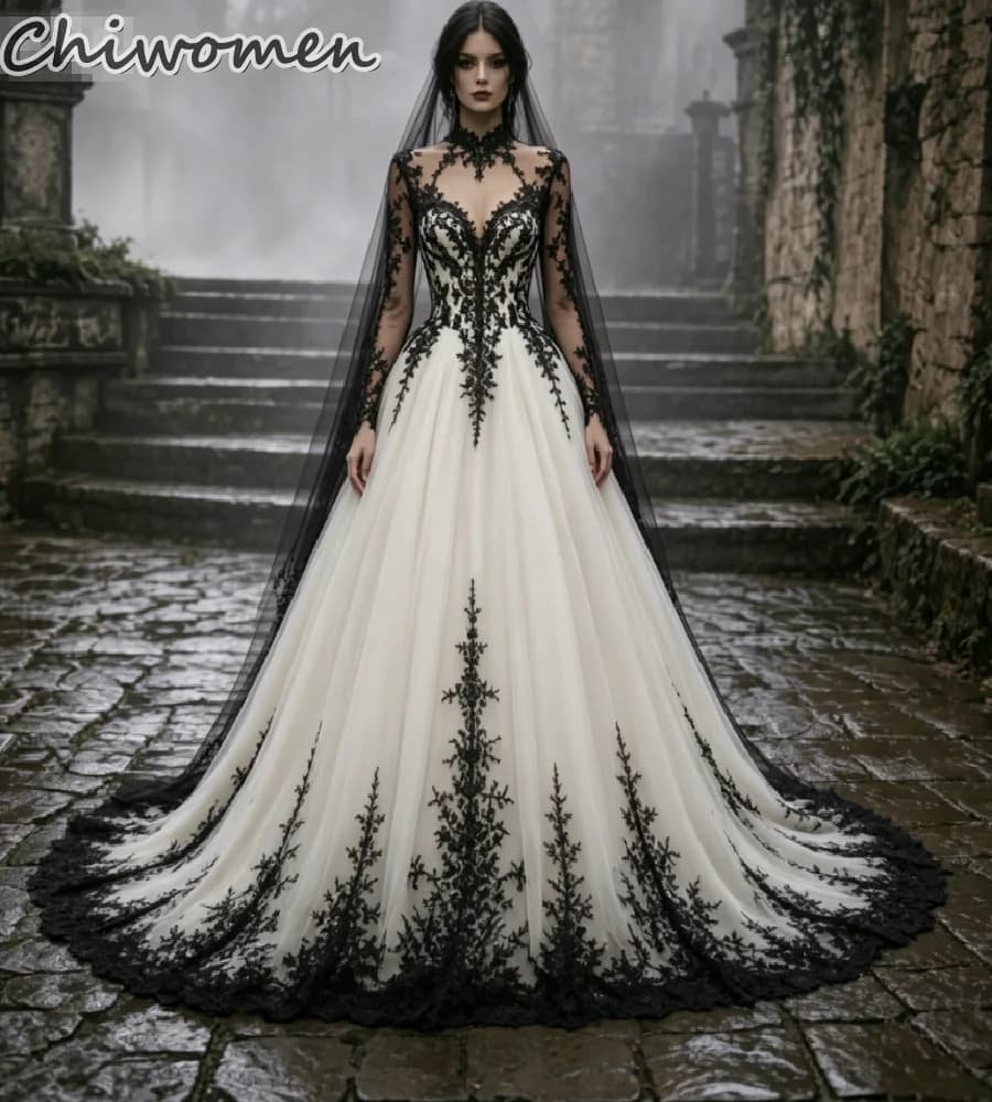 Robe de mariée gothique noire en dentelle blanche 2026, style médiéval, pour fuite en cachette, à ma