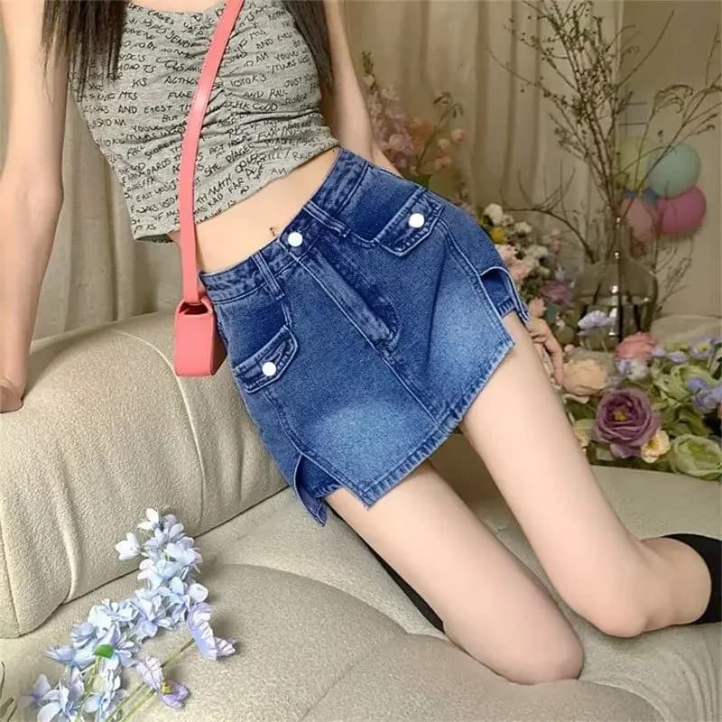 Nouvelle jupe mini en jean fendue taille haute pour femme, style « Sweet Cool Spicy Girl », effet am