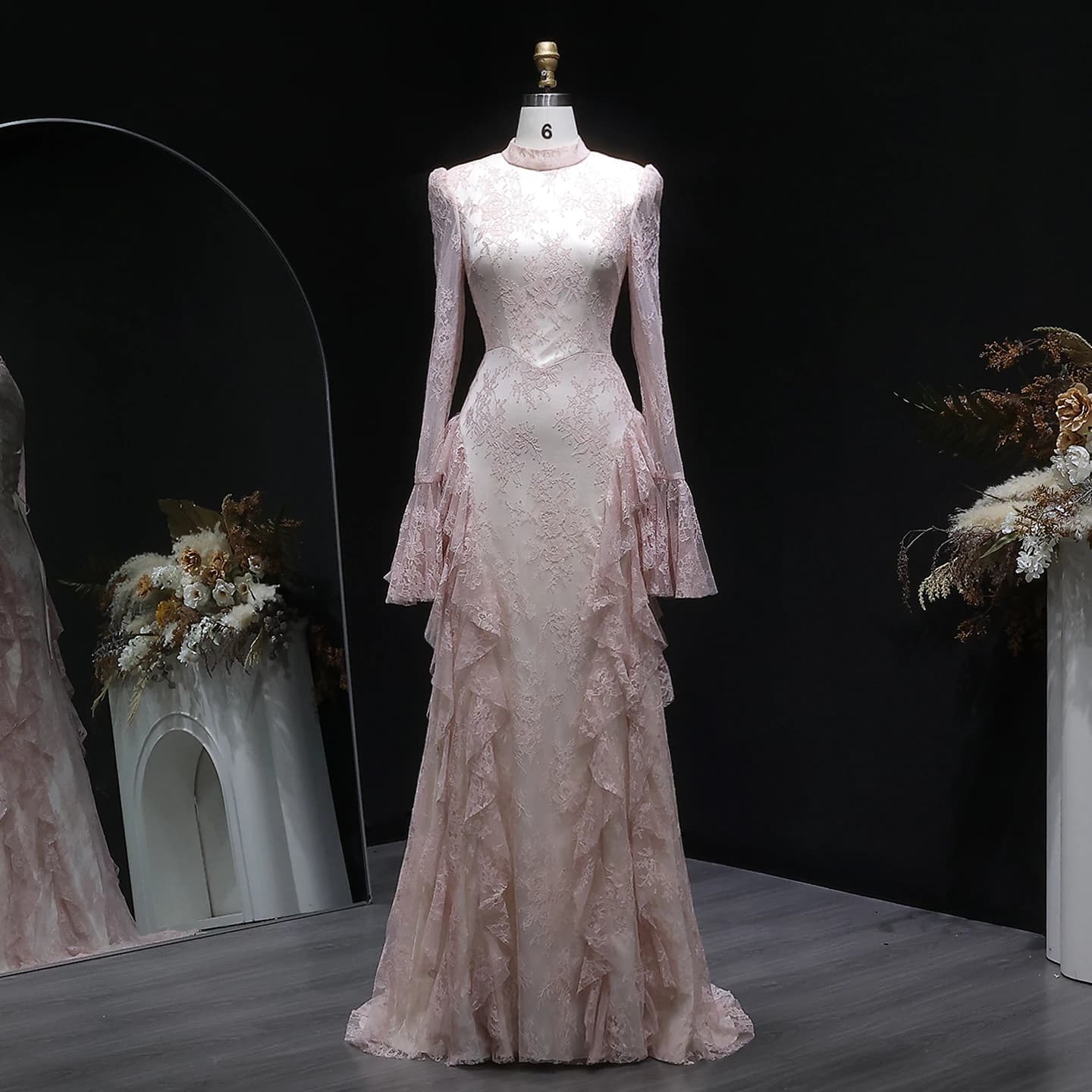 Sharon Said – robe de soirée rose, col haut, manches longues, Simple, à lacets, pour femmes, robe de