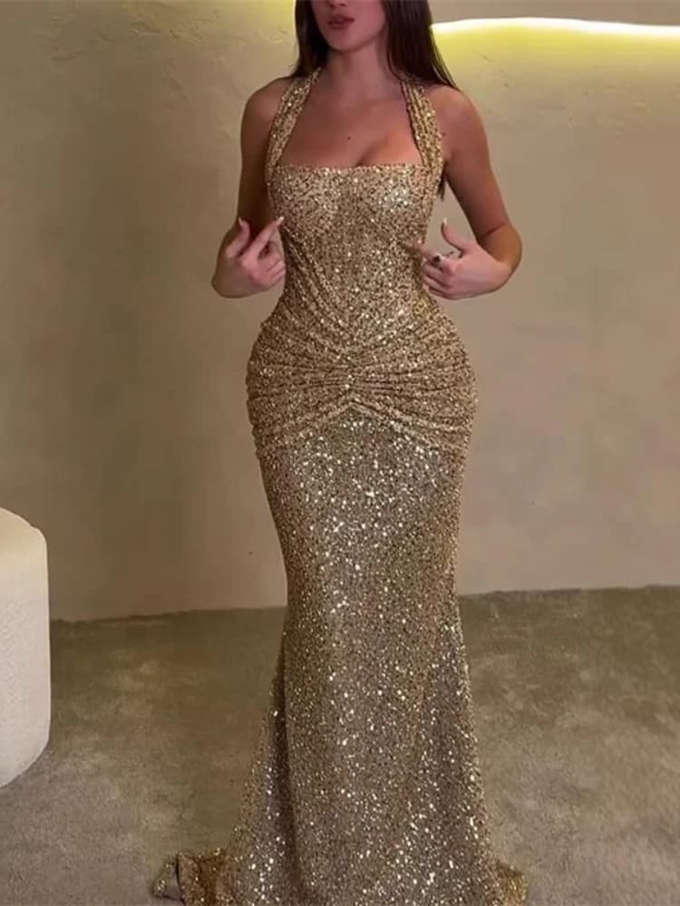 Nouvelle Robe Longue de Soirée Sexy à Paillettes et Col Halter pour Femme, Col Carré, Sans Manches, 