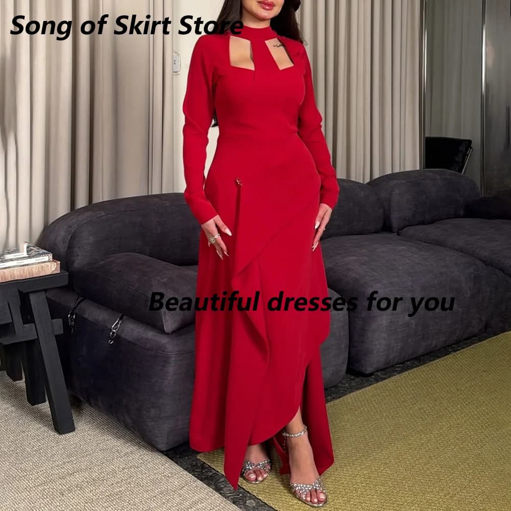 Robe de soirée rouge moderne personnalisée, col haut, manches longues, style sirène, longueur chevil