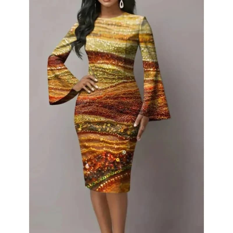Robe moulante élégante pour femme, motif géométrique turquoise, manches longues, robe midi avec poig