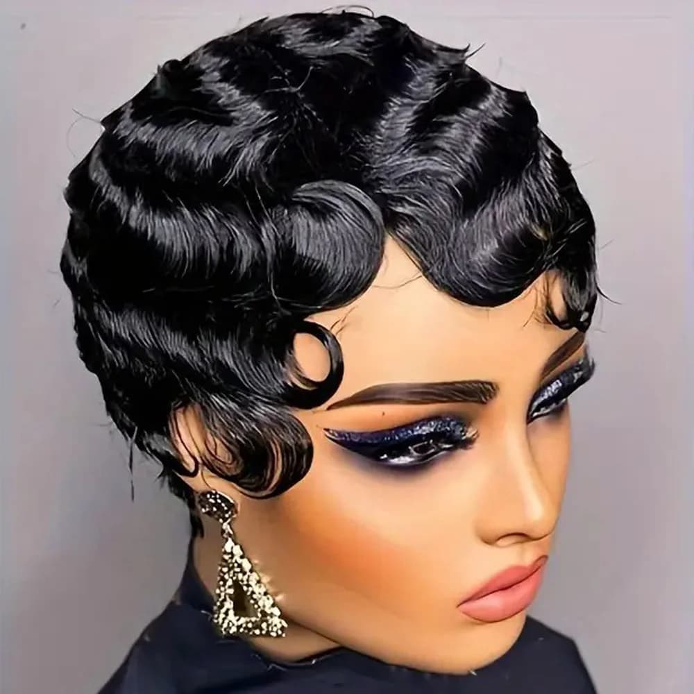 Perruque de Cheveux Humains Courts et Ondulés, Brun, Coupe Pixie, Style Océan, pour Femme
