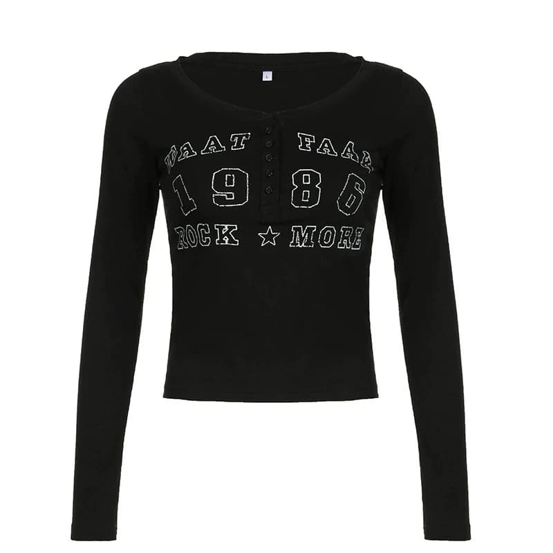 T-shirt noir femmes automne lettre imprimer Streetwear manches longues col rond moulante haut sexy b