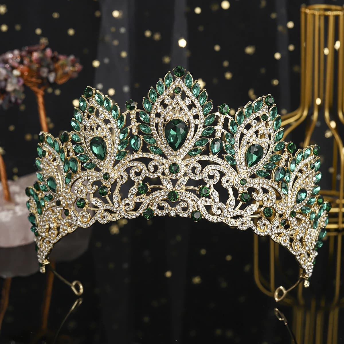 Couronne de vacances verte classique pour femmes, diadème de luxe en strass lourds, accessoires pour