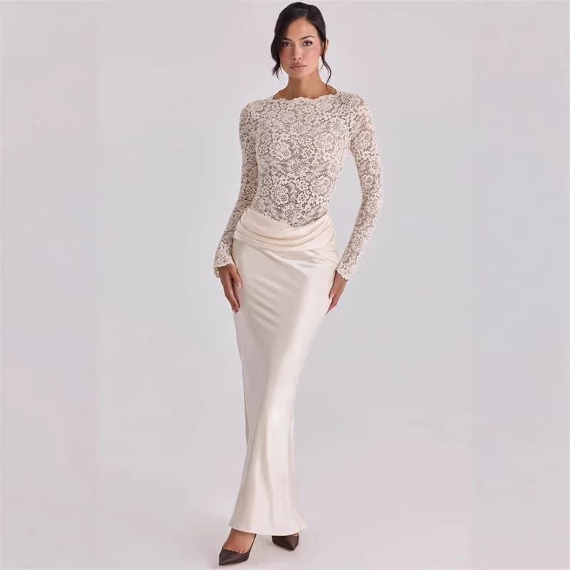 Robe de bal élégante en dentelle à manches longues, coupe ajustée, en satin, longue, pour soirée, cé
