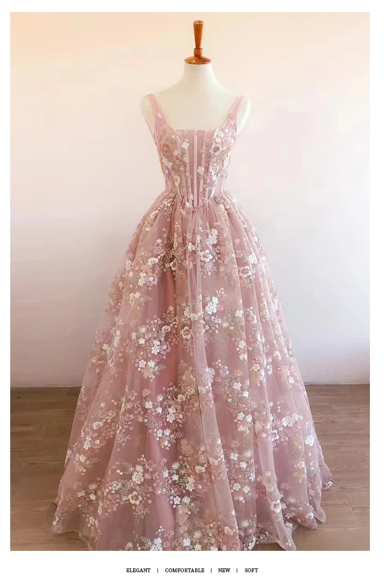 Superbe robe de bal rose avec broderie florale, robe de soirée longue illusion, dos lacé, L&P DQL St