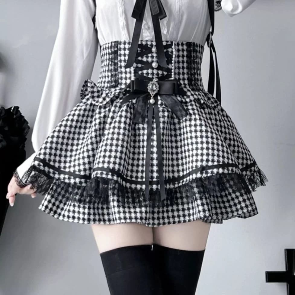 Jupe Lolita Gothique Kawaii pour Femme, Jupe Courte Étage à Volants en Dentelle Taille Haute avec Nœ