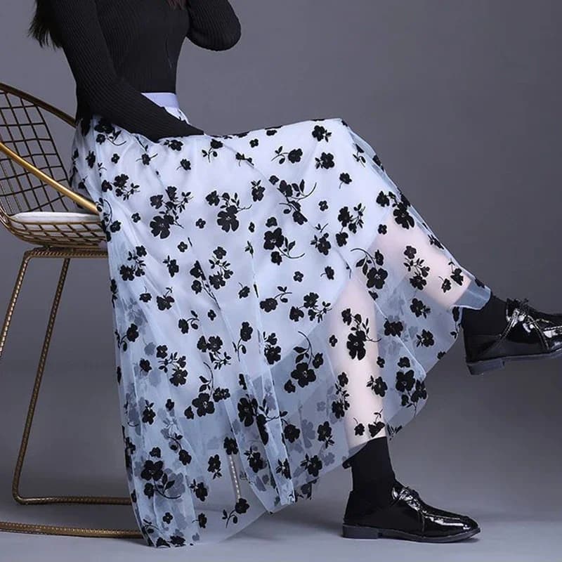 Nouvelle Jupe Midi Plissée en Tulle Fleuri pour Femme, Élégante, Taille Haute, Style Coréen, Décontr