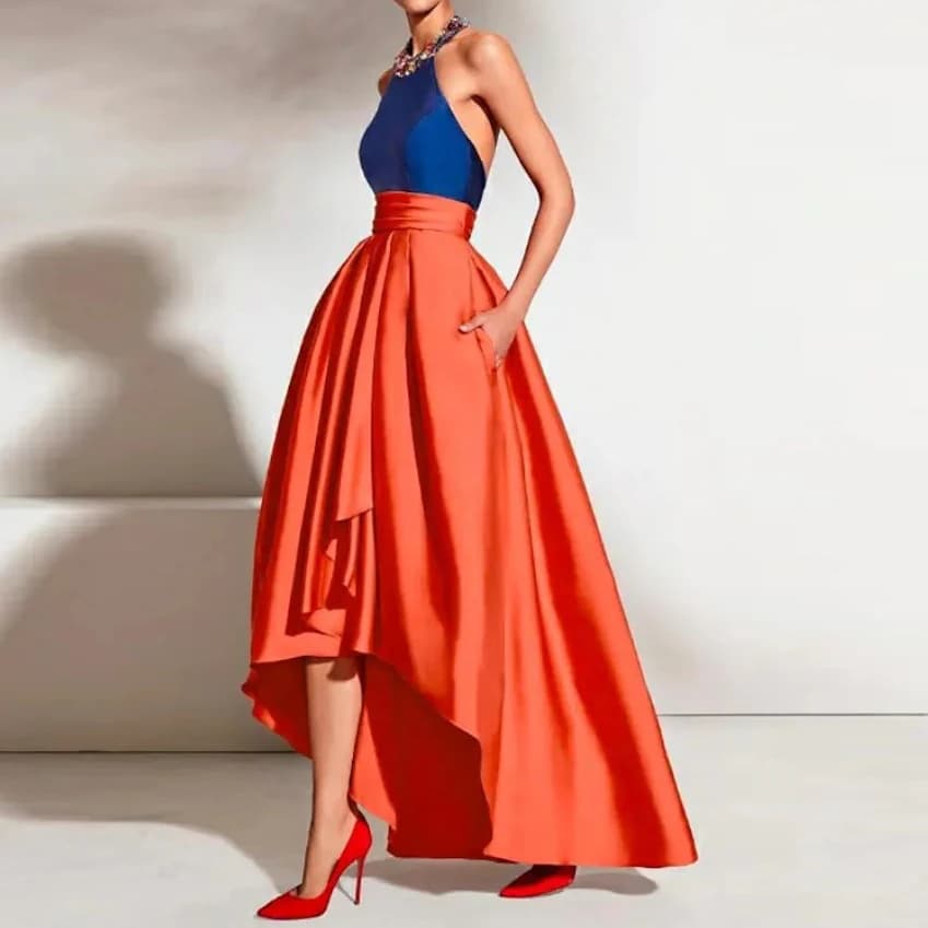 Jupe longue en Satin pour femmes, élégante, Orange vif, haute et basse, avec poches, fermeture éclai
