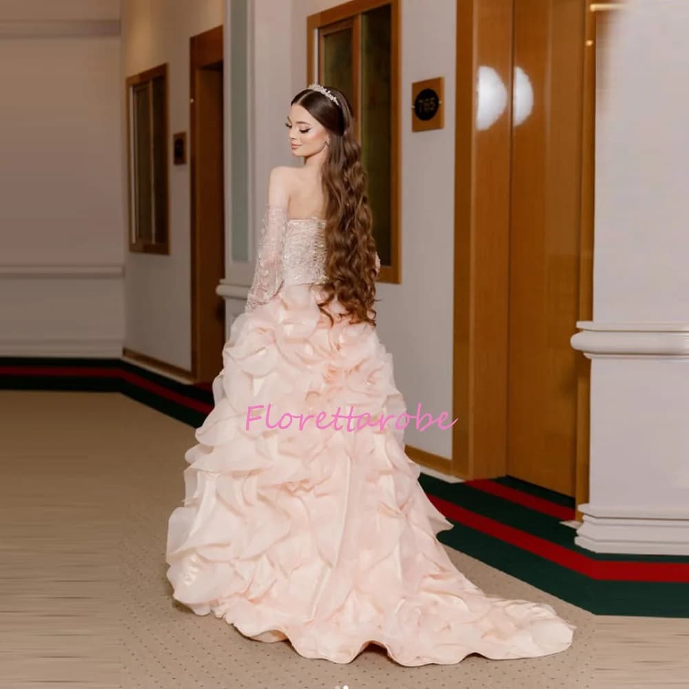 Robe de mariée rose à épaules dénudées, robe de bal élégante de princesse, robe de soirée fleurie, r