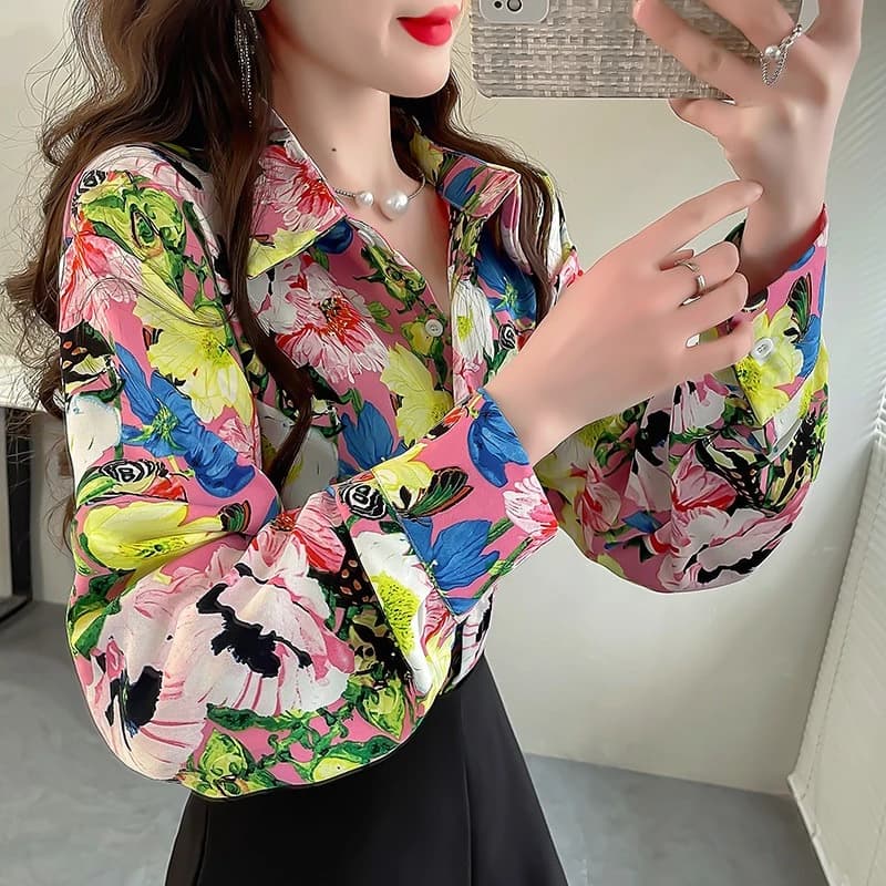 Chemise florale à manches longues pour femmes, chemisier en mousseline de soie, élégant, revers, hau