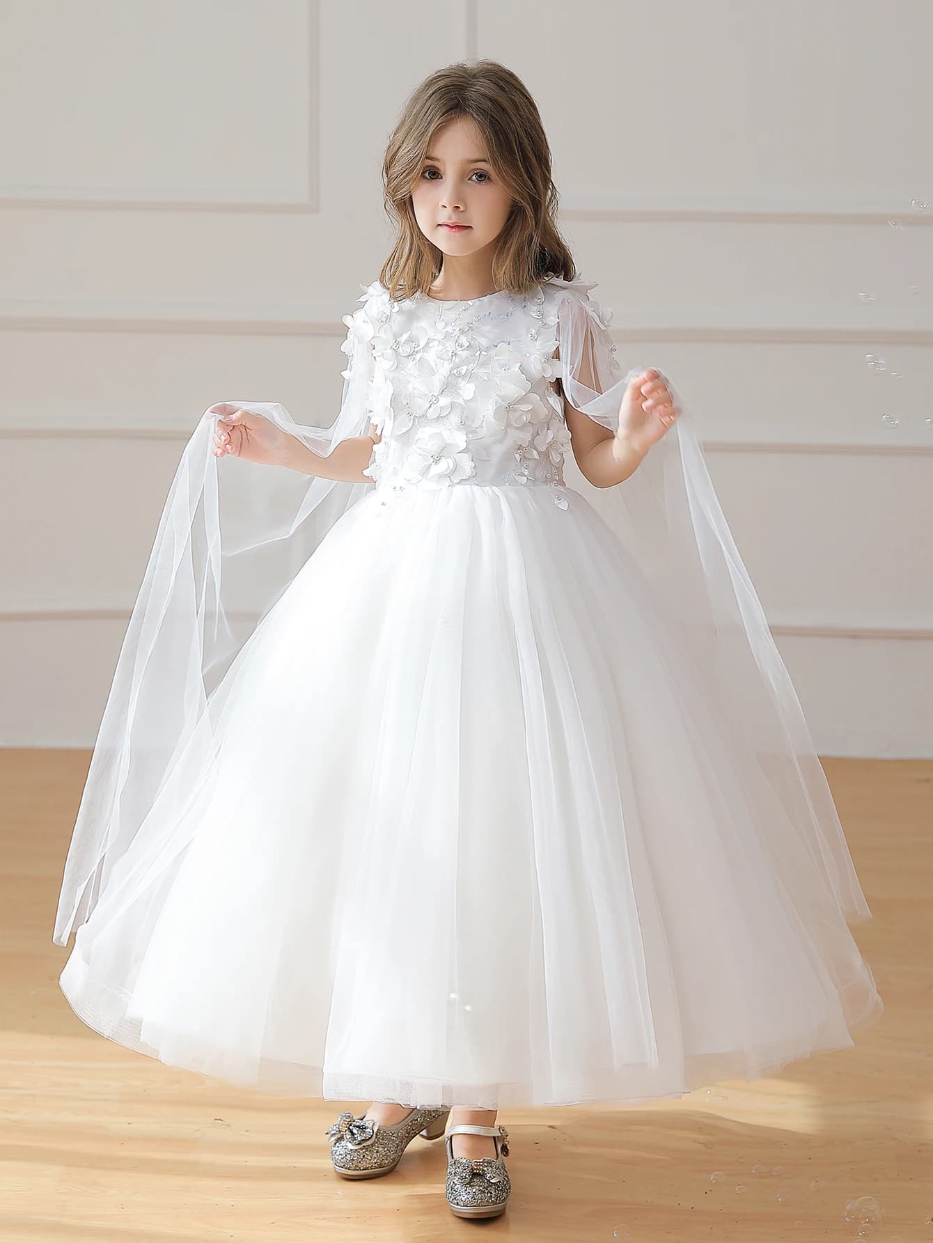 Robe longue blanche pour filles, Design drapé, robe à fleurs de mariage, adaptée aux fêtes d'anniver