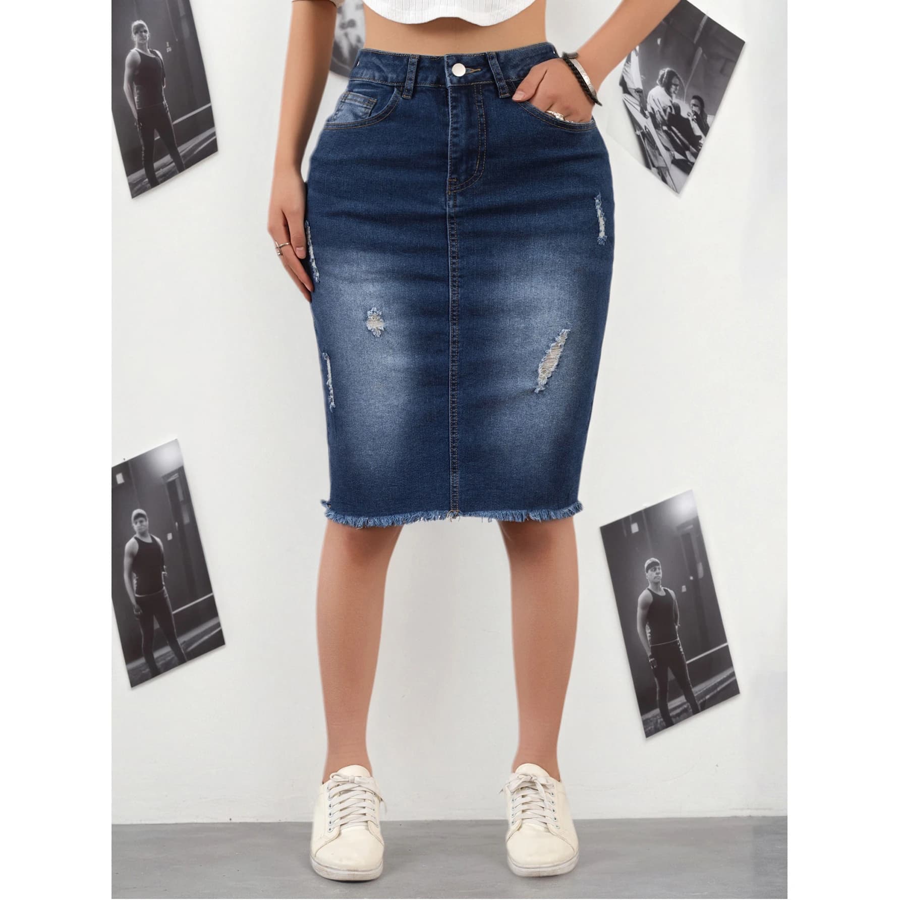 Jupe en jean décontractée bleu foncé pour femme, coupe mi-longue, ourlet déchiré, style portefeuille