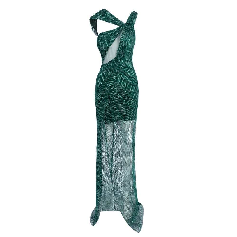 Robe longue en maille de cristal vert émeraude – Robe fendue à une épaule découpée pour les cocktail