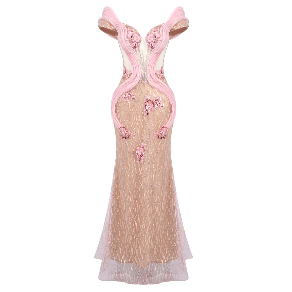 Robe longue sirène perlée rose glamour à épaules dénudées - Robe de soirée haut de gamme à volants e