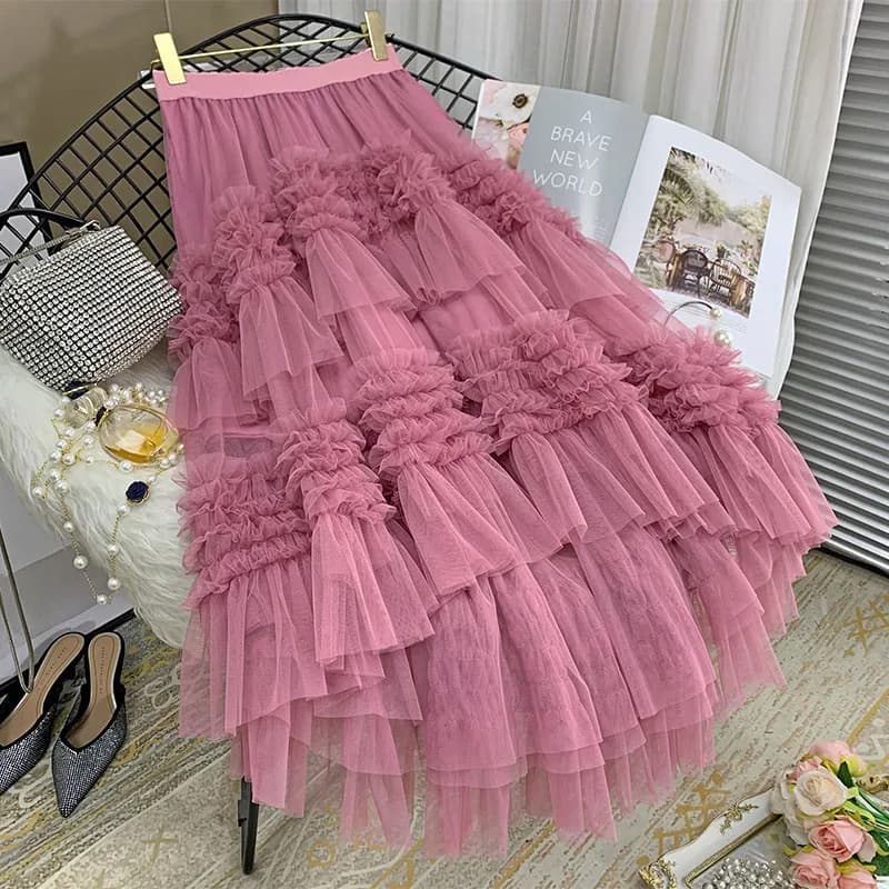 Jupe longue en maille pour femme, tutu plissé, taille haute, jupe en tulle, gaze irrégulière, printe