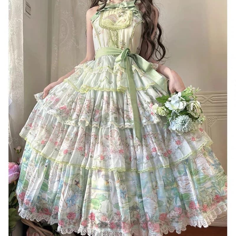 Robe JSK de style Lolita japonaise Kawaii pour femmes, robe longue à imprimé floral, dentelle, volan