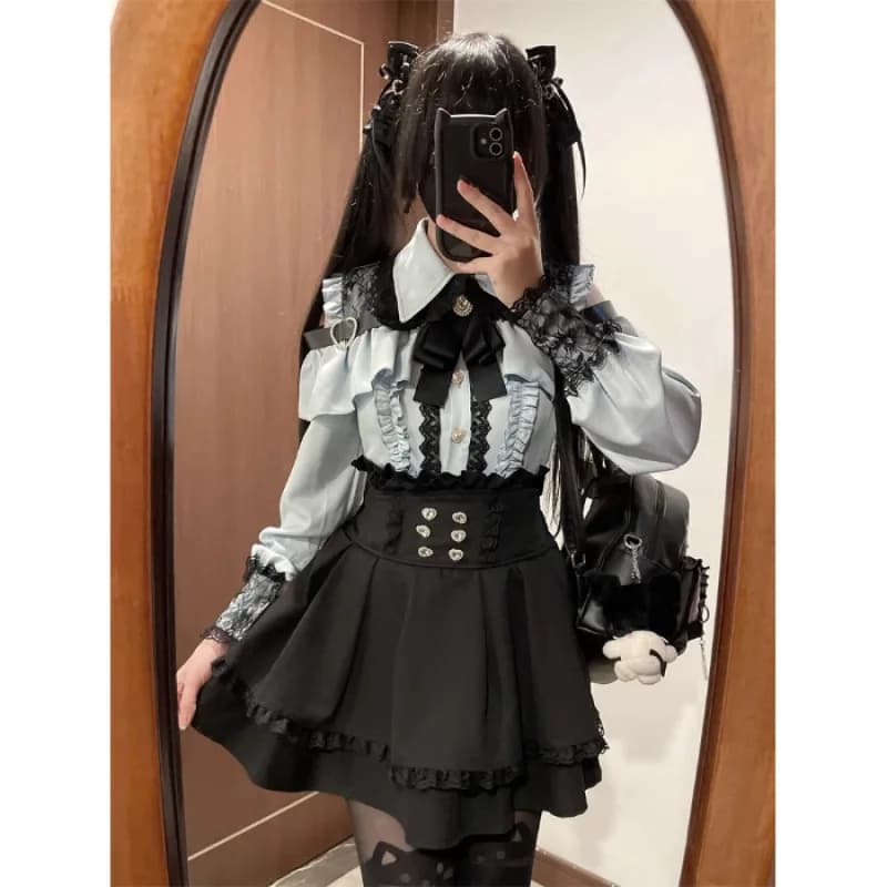 Ensemble Lolita pour femmes, haut en maille et jupe cintrée à la taille, cordon de Style de rue japo
