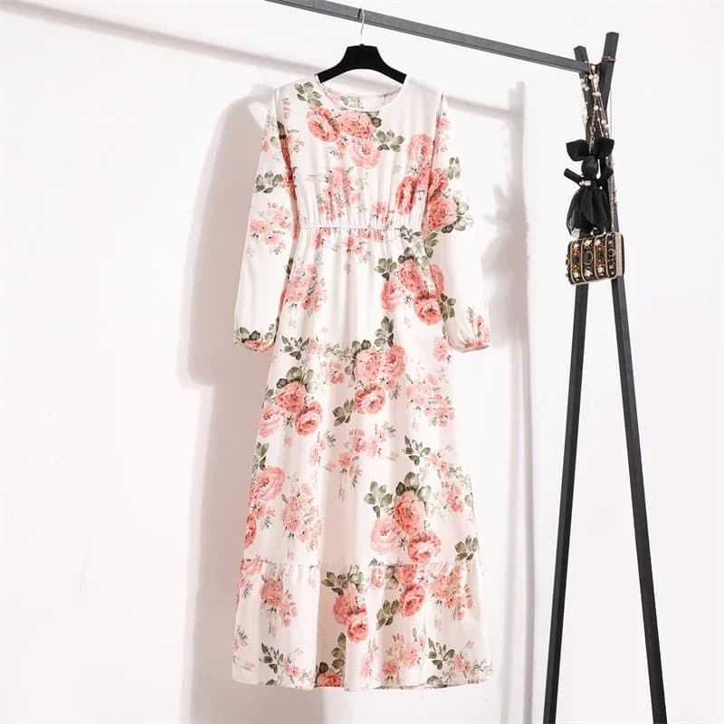 Femmes robes longues printemps été décontracté à manches longues géométrie florale imprimé col rond 