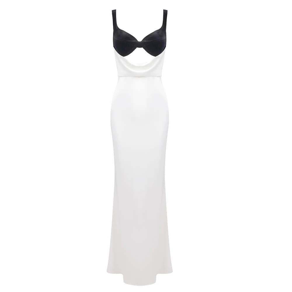 VC femmes découpé longue robe tempérament contraste couleur Combo col en V jarretelle dos nu fente m