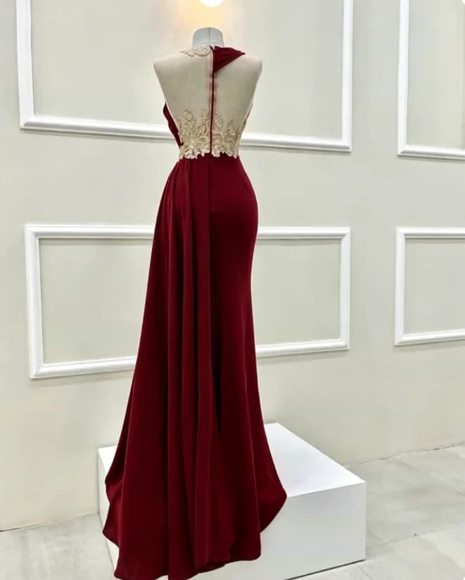Robe de soirée longue sirène bordeaux, col rond, sans manches, en dentelle brodée, transparente, pou