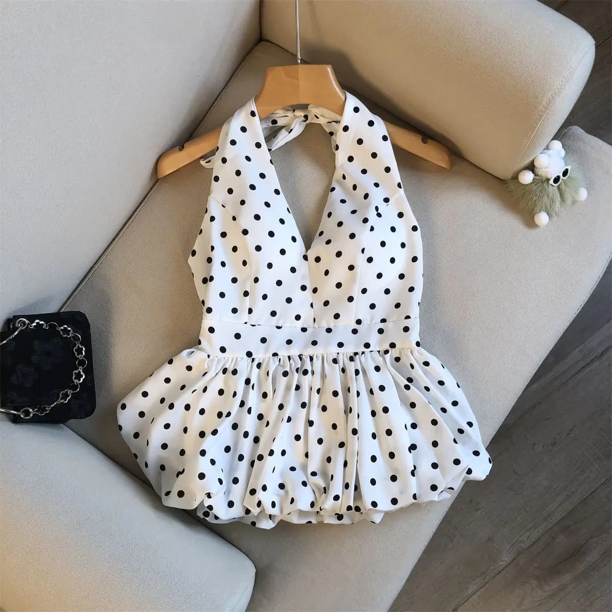 Tops courts sexy dos nu pour femme, style babydoll de plage, à pois, col en V, sans manches, avec vo