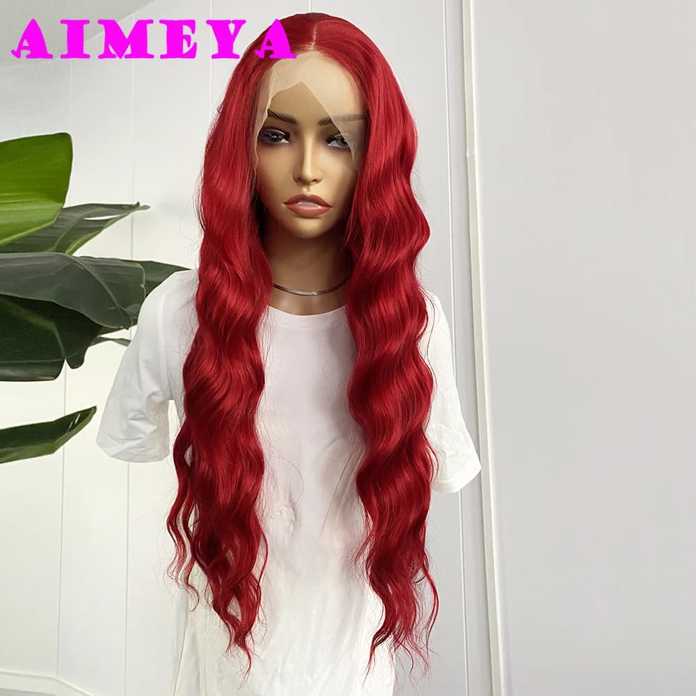 AIMEYA-Perruque Lace Front Wig Synthétique Longue Rouge pour Femme, Ligne de Cheveux Naturelle, Bleu
