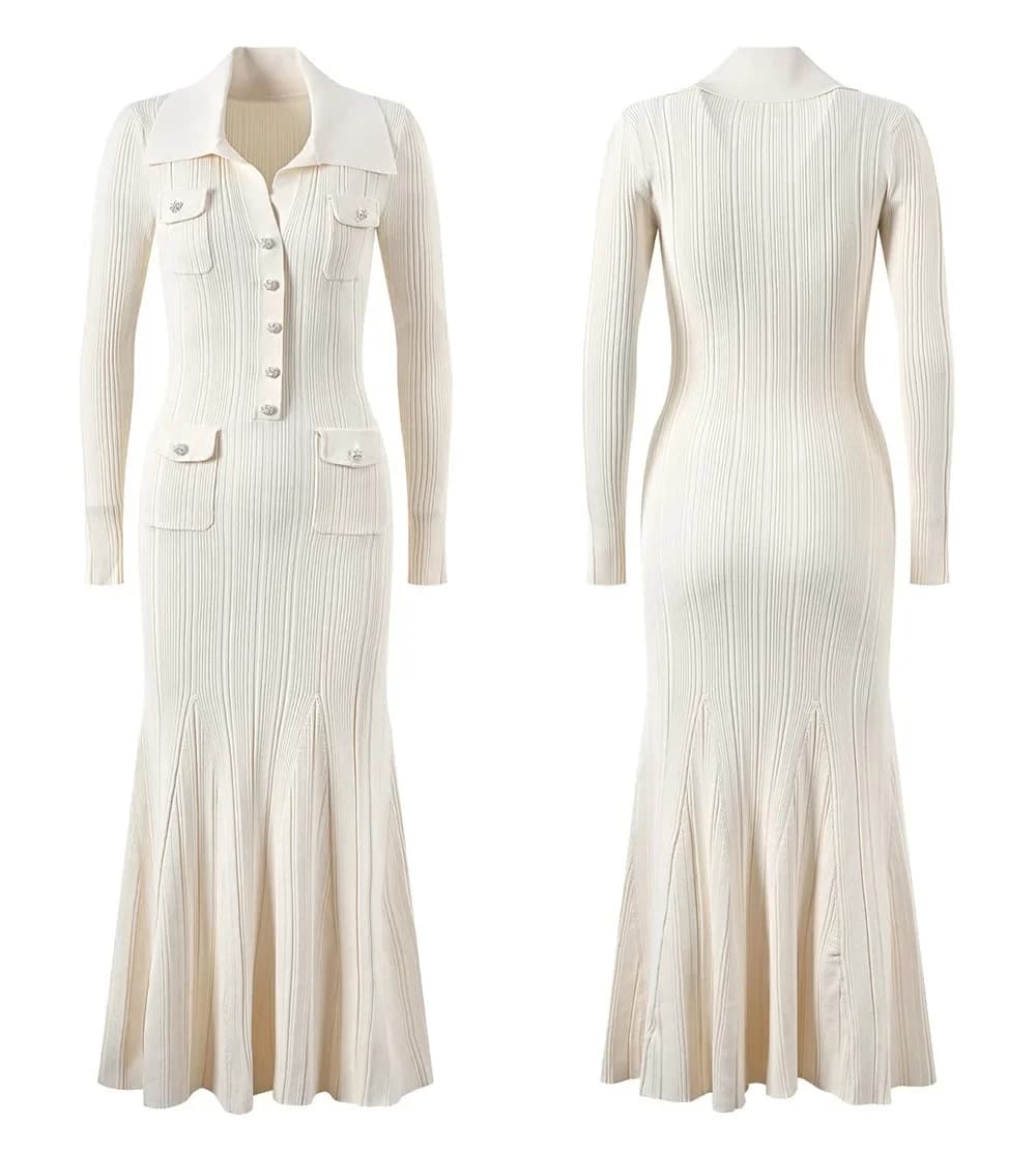 Robe Longue de Lit Élégante pour Femme, Slim, Revers, lèvent, Poches, Manches sulf, Robes Plissées C