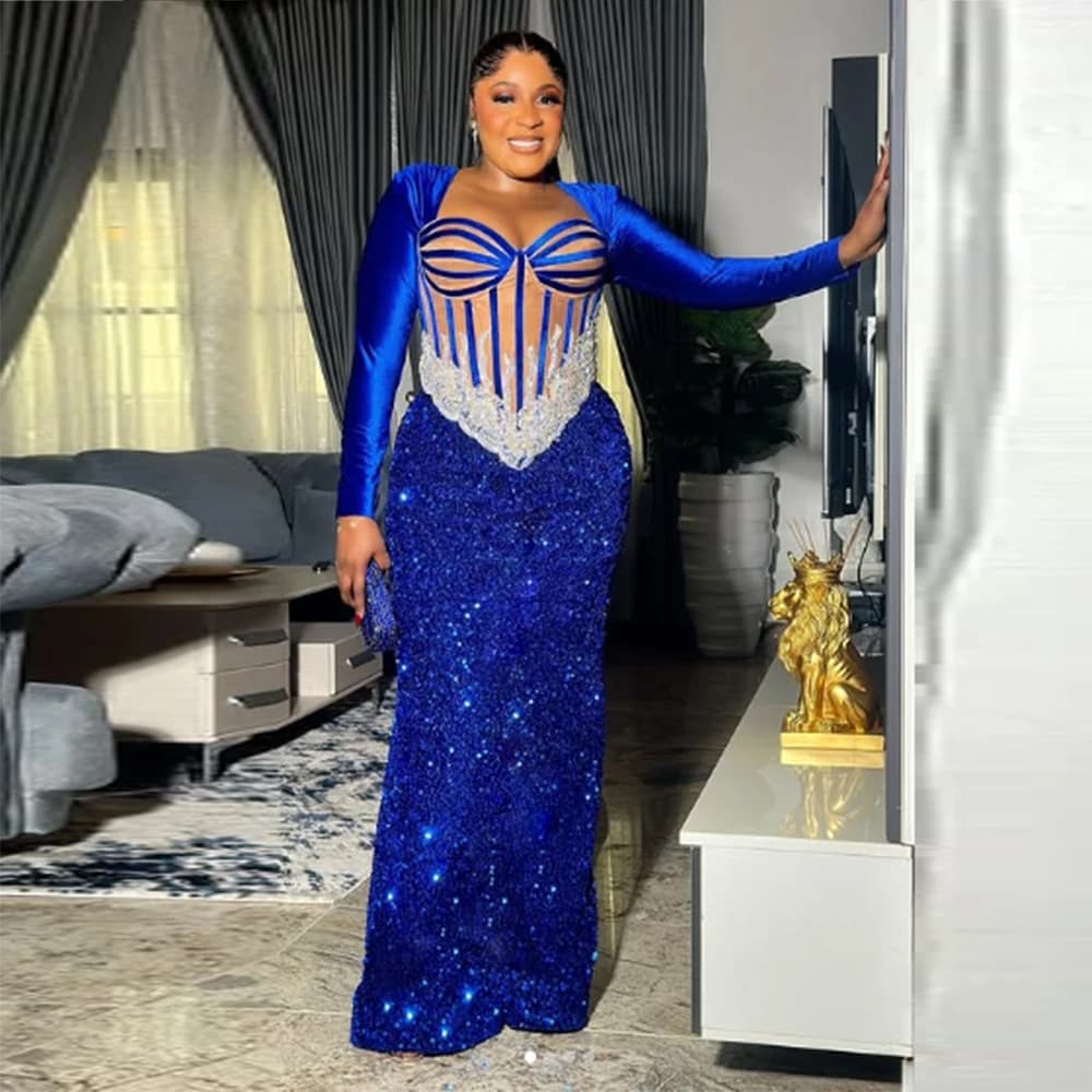 Robe de bal bleu roi à sequins, manches longues, robe de soirée Aso Ebi avec appliques en dentelle, 
