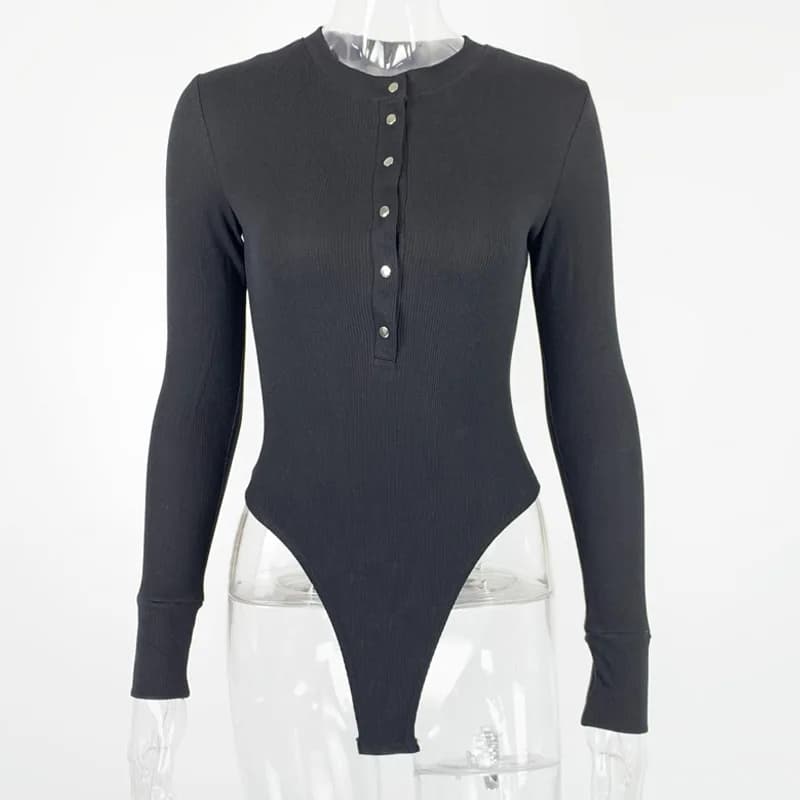 Body moulant sexy à col en V et boutons pour femme, haut tricoté à manches longues en coton, collect