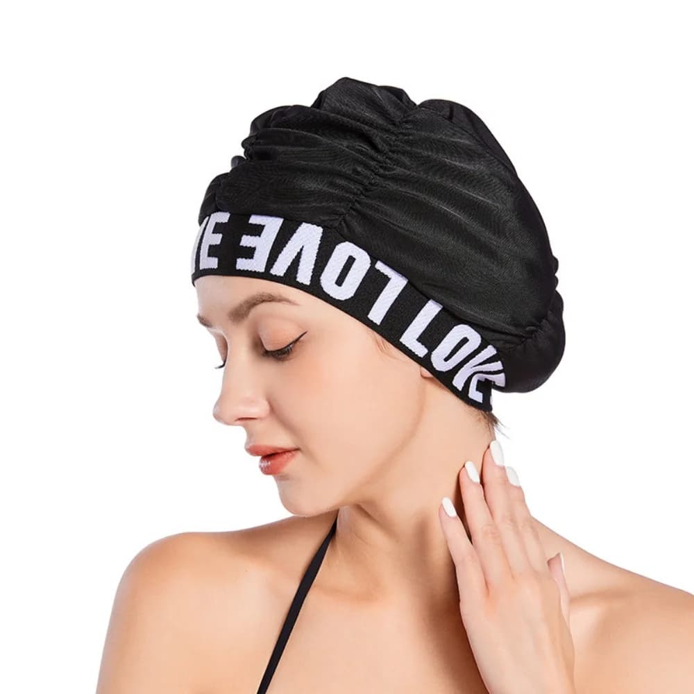 Bonnet de bain plissé pour femme avec imprimé Love, doux et confortable, protection des cheveux long