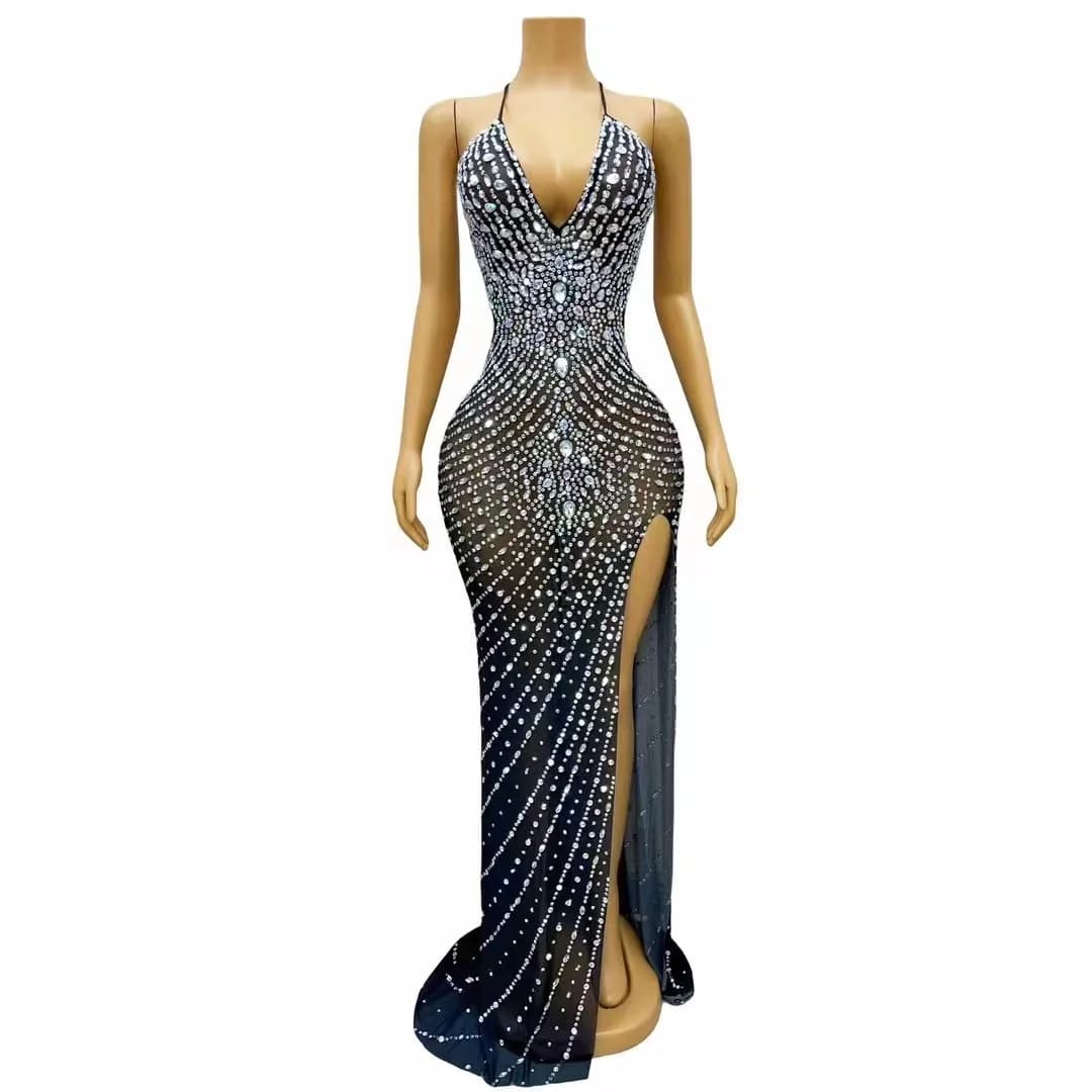 Robe longue noire scintillante à strass, col en V profond, dos nu, fente latérale, pour célébrations