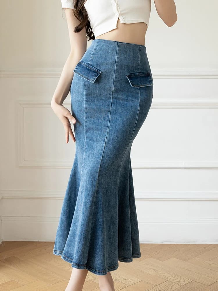 Jupe en jean taille haute pour femme, élégante, décontractée, à volants, queue de poisson, trompent,