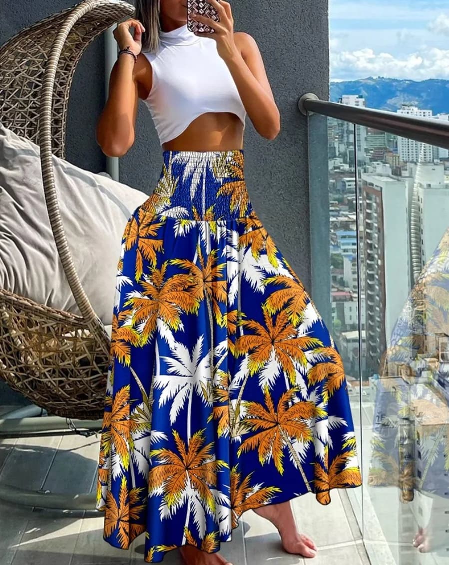 Jupe longue pour femme à taille haute et élastique, style bohème, imprimé géométrique, fluide, maxi,