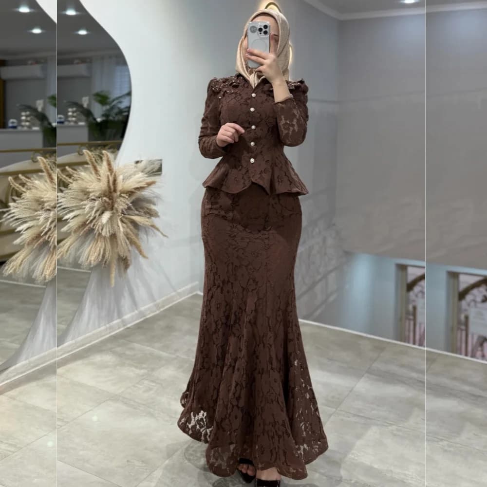 Robe de soirée élégante classique sur mesure, dentelle, manches longues, robe sirène longue, robe de