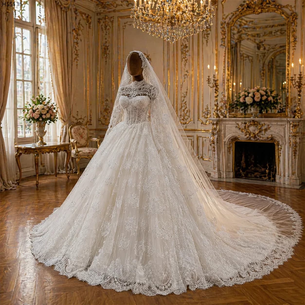 Robe de mariée élégante en dentelle perlée à manches longues et col montant, style princesse, avec t