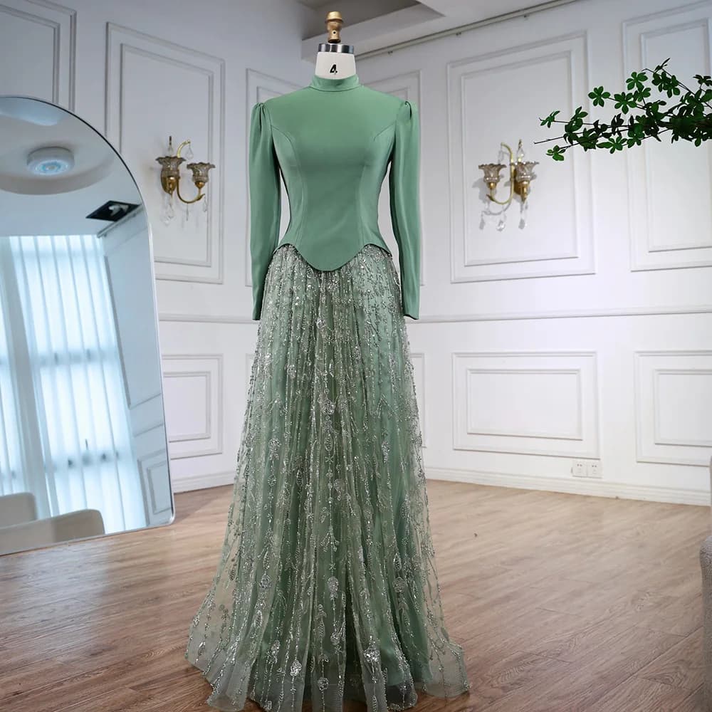 Robe de soirée musulmane verte sauge élégante, avec jupe perlée, pour fête de mariage, Serene Hill 2
