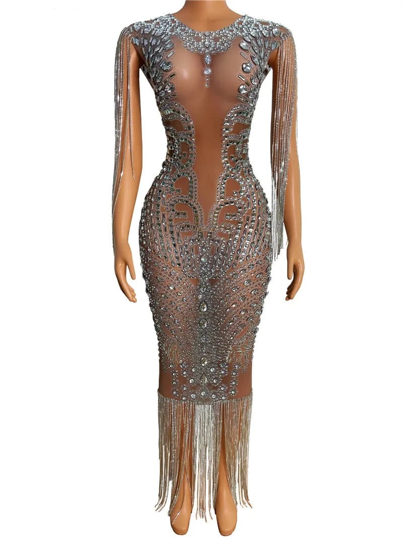 Robe de soirée transparente longue diamant marron foncé, costume de luxe d'anniversaire, robe de mar