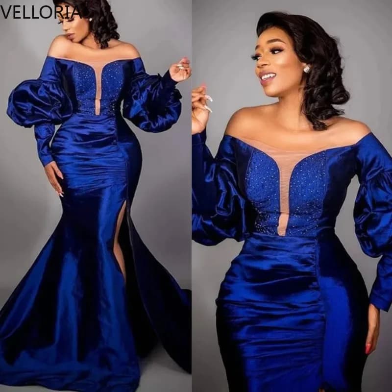 Robe sirène Aso Ebi bleu Royal, perlée, décolleté en v profond, épaules dénudées, manches bouffantes