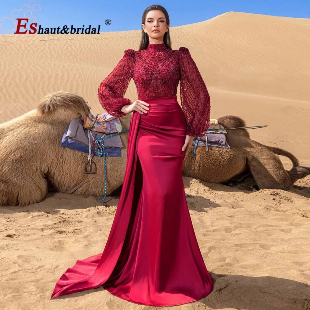 Robe de soirée de mariage musulmane élégante pour femmes, avec jupe détachable, perles, sirène, robe