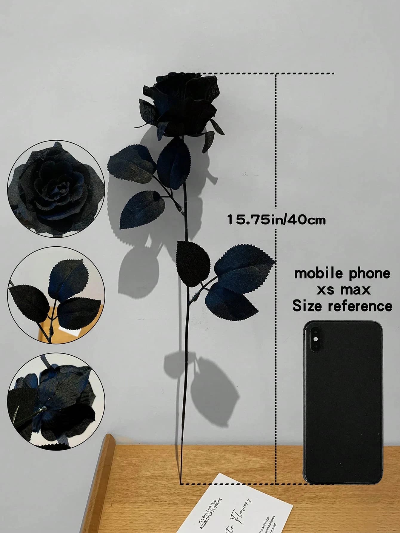 Uflower 48cm Rose en soie noire pure à longue tige, fleurs artificielles, style gothique, décoration