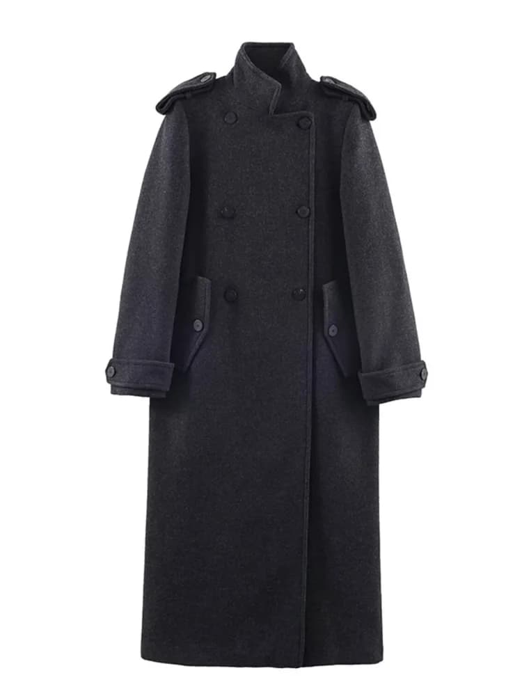 Manteaux longs à col roulé pour femmes, vestes en laine à manches longues, épaulettes de luxe, autom