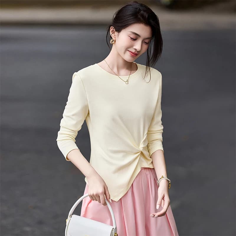 AENTUBILA T-shirt à manches longues pour femme, collection automne 2026, col rond uni, tricoté, coup