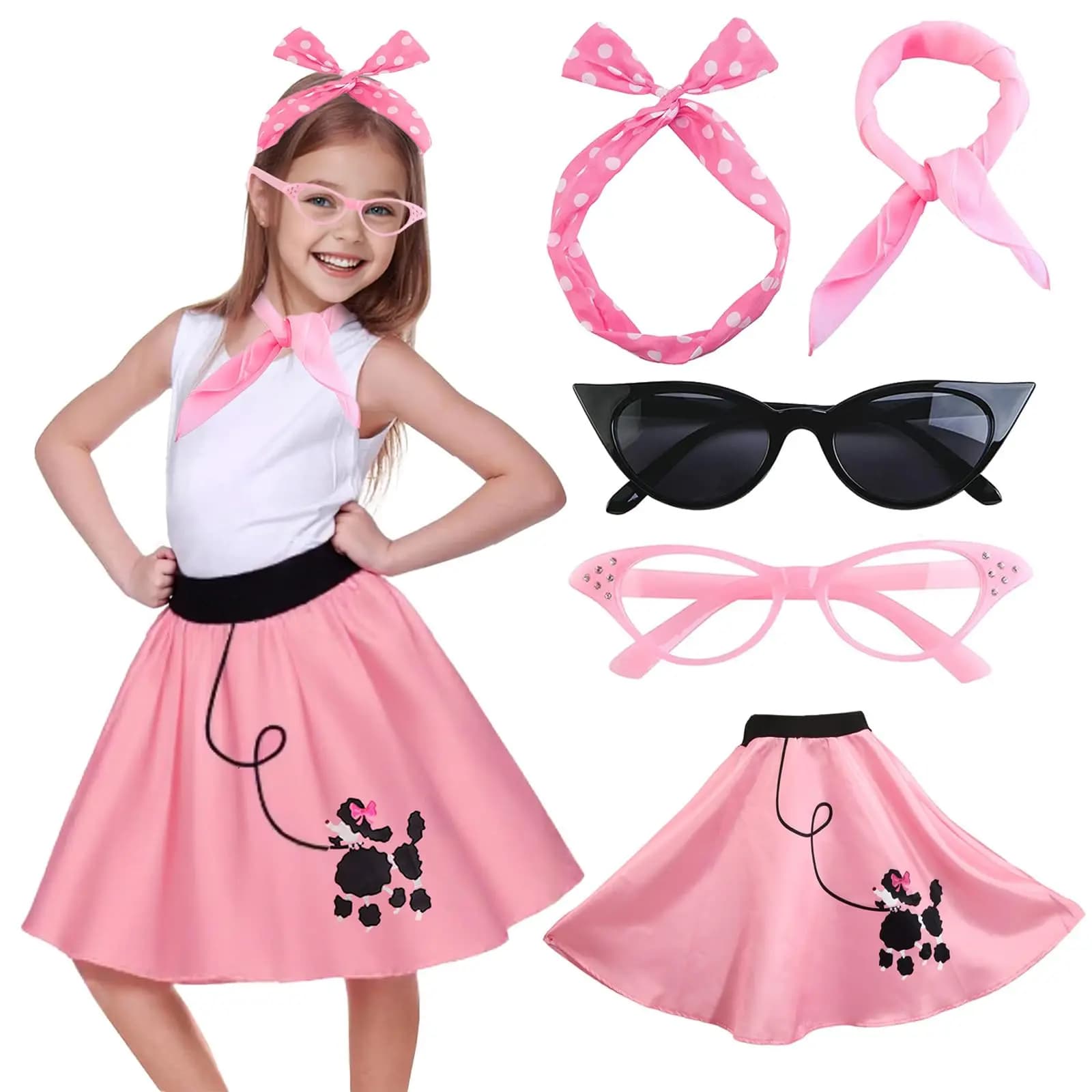 Jupes caniche pour filles, chaussettes des années 50, Costume Hop rétro, tenues de jour des décadas,