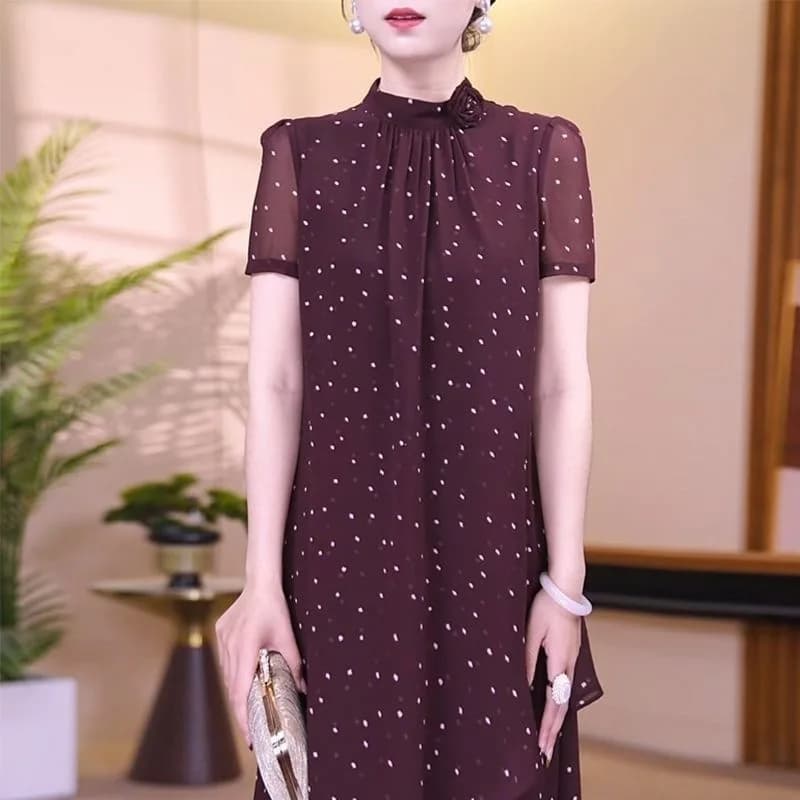 Robe longue élégante et ajustée, couleur bordeaux, nouveau style, robe mi-longue à manches courtes, 