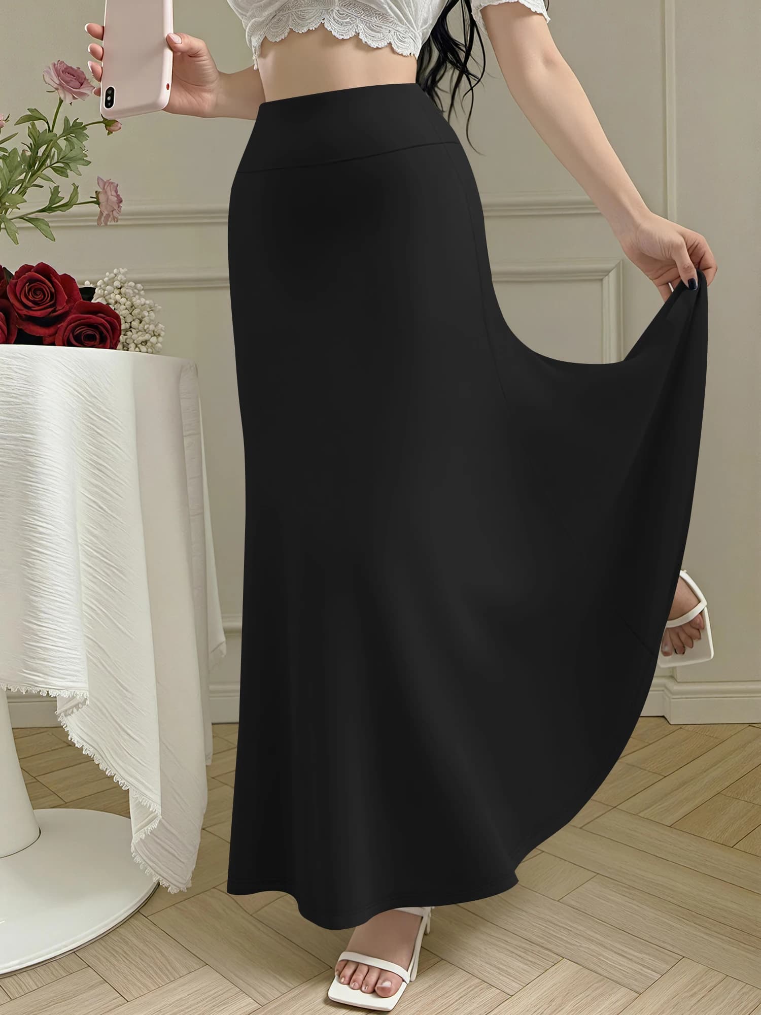Jupe longue Unfussy Silhouette, en tissu doux mat, style Old Money pour le quotidien, brunch du week
