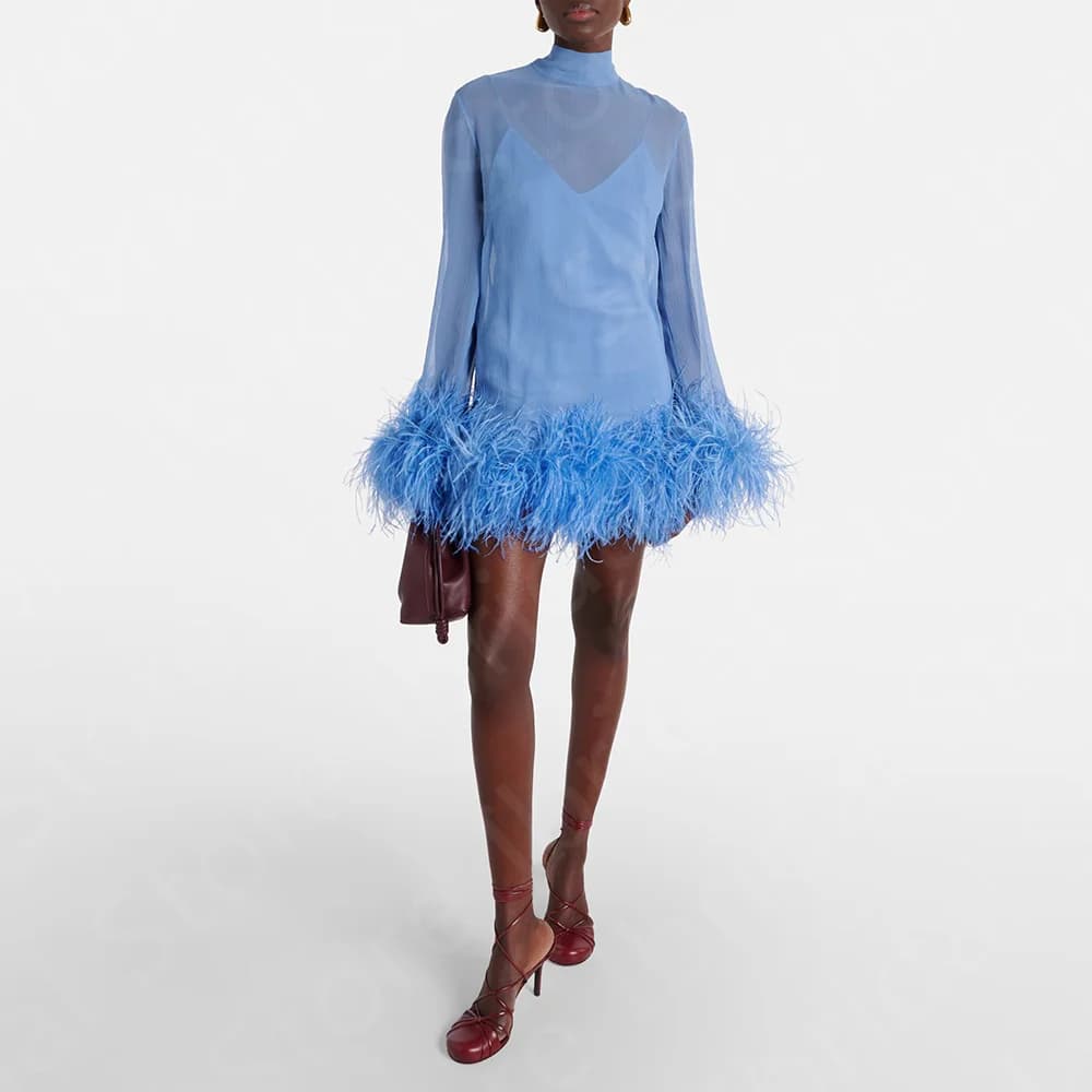 Robe de Cocktail Bleu Ciel à Manches sulf, Tenue de Soirée, Mini Longueur, en Plumes, Zones, pour In